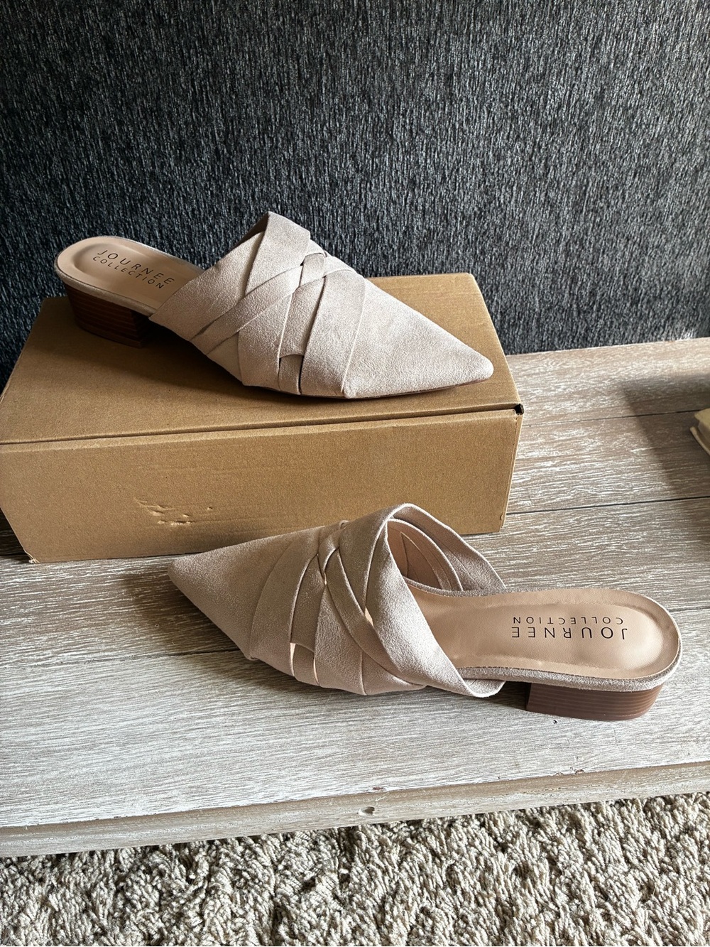 Journee Collection Taupe Pointed-Toe Woven Suede Mule